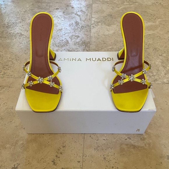 Amina Muaddi Shoes - New Amina Muaddi Lily Crystal Slipper in Yellow Satin